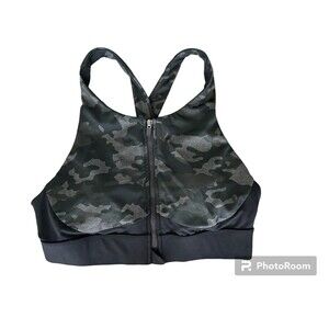 Fabletics High Impact Front Zip Green Gray Black‎ Camo Sports Bra